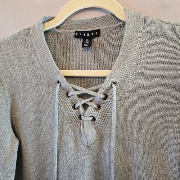 TRIBAL LIGHT GRAY 100% COTTON SWEATER FRONT LACE UP V NECKLINE SIDE SLIT MEDIUM - Picture 3 of 10